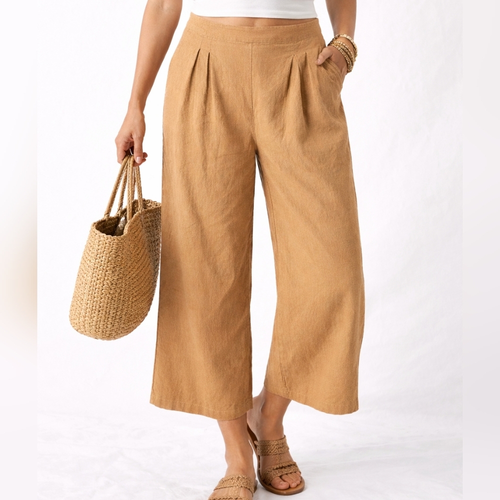 Worthington Cropped Wide Leg Linen Blend Pants Size 12 Boho Camel Tan High Rise